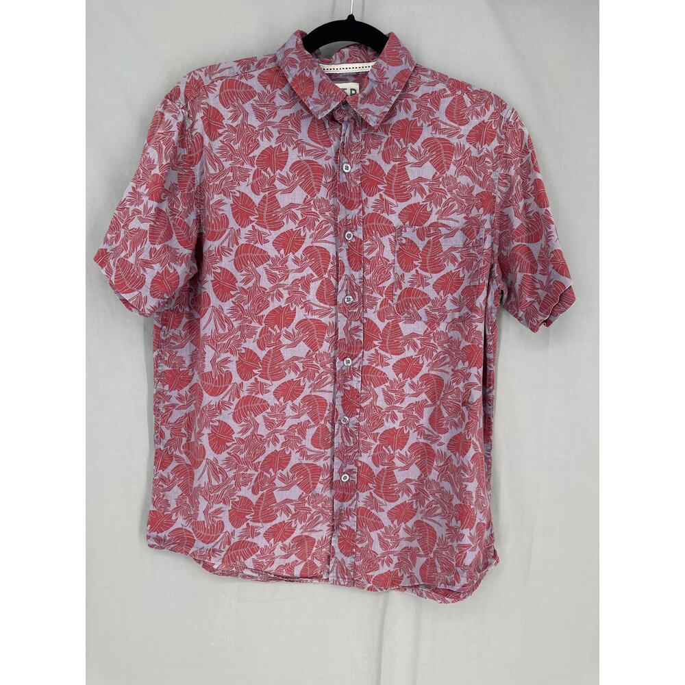 VSTR Shirt Mens Medium Red Floral Blue Button Linen Short Sleeve Camp Summer